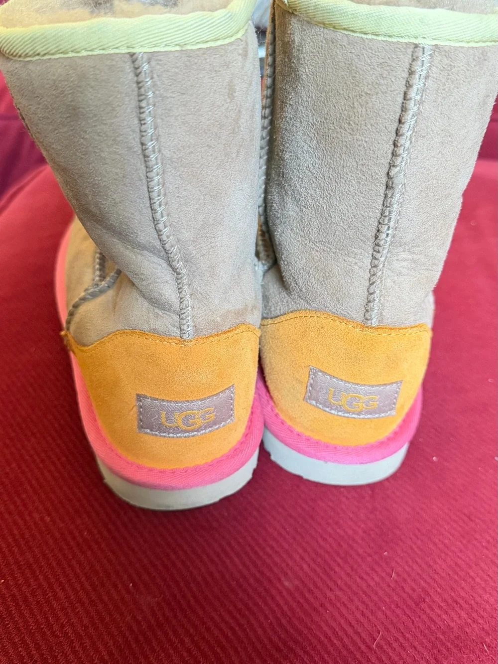 UGG Kids Tan Suede Boots with Pink Trim and Lime Accent